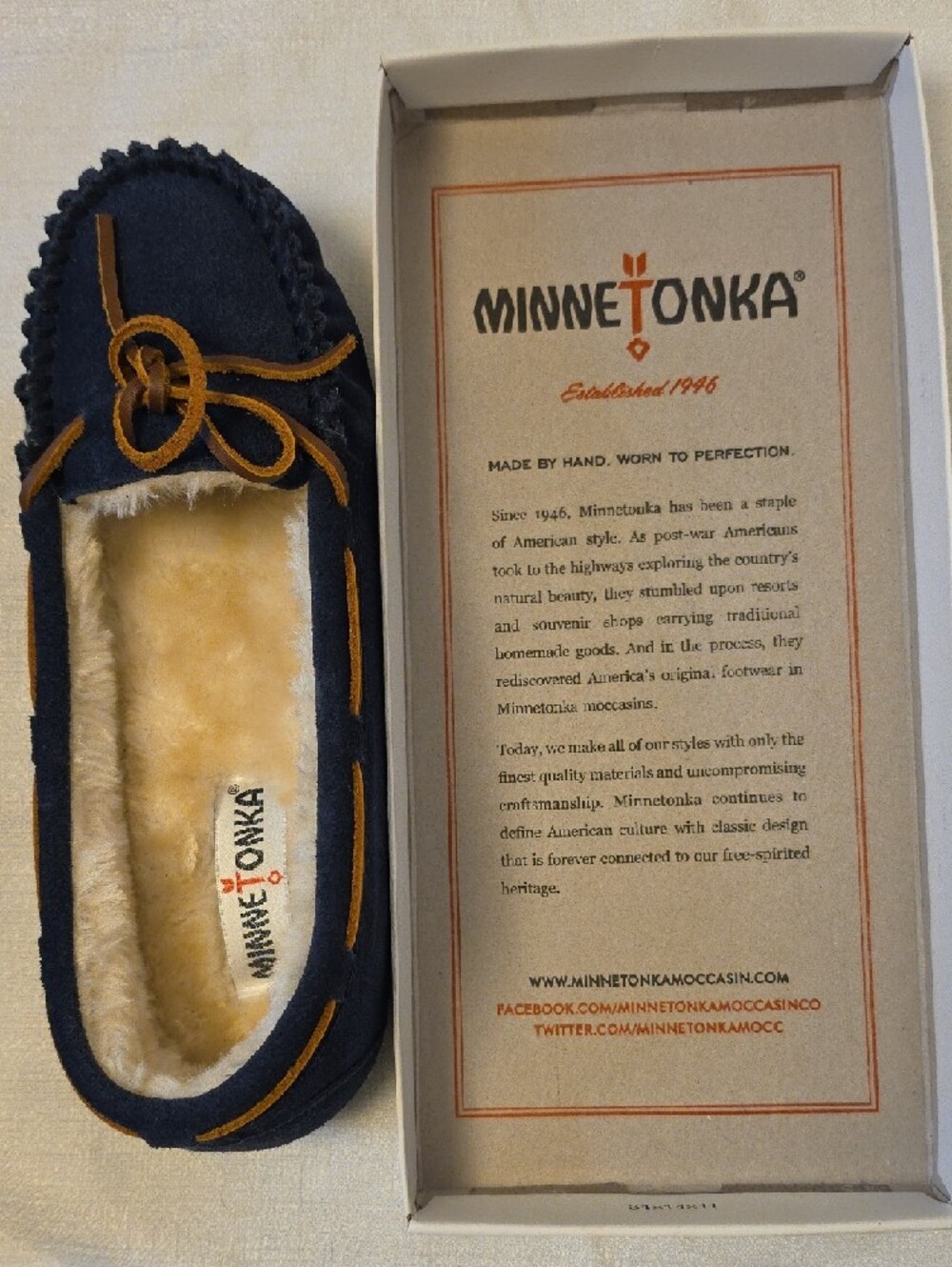 Minnetonka Navy Suede Moccasins with Tan Trim - Picture 6 of 8